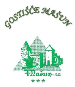 Majhen logotip Gostišča Mašun s stilisiranim posestvom in imenom.